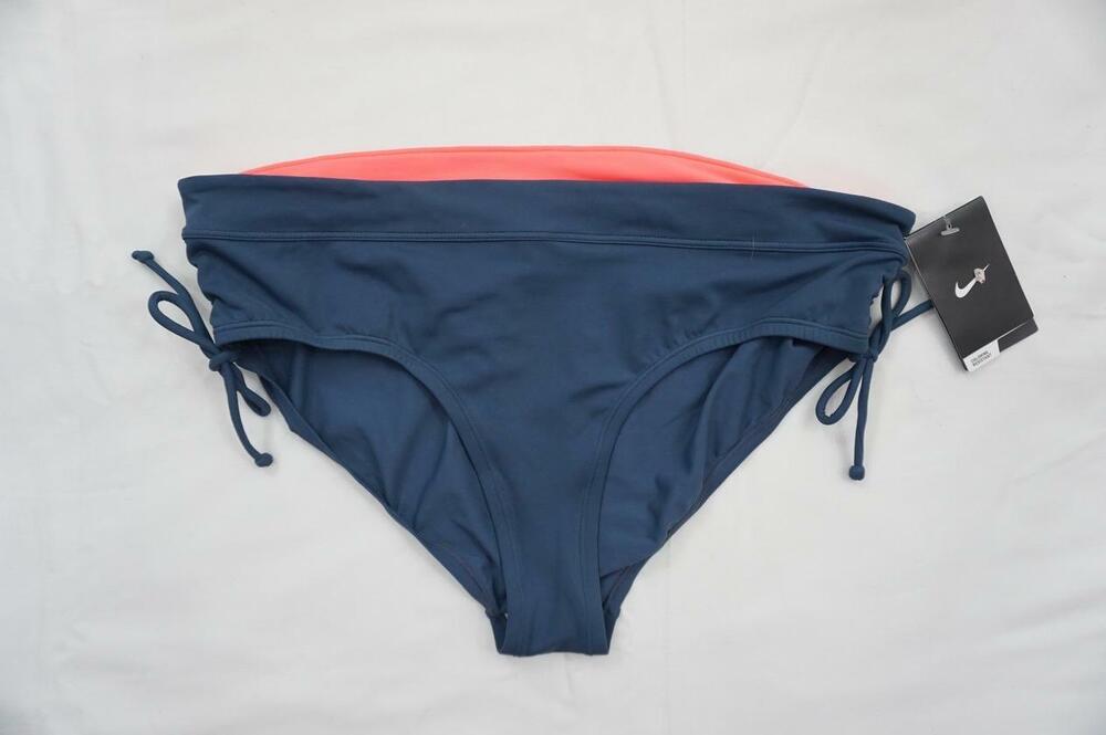 NIKE 16 BIKINI BOTTOM CHLORINE RESISTANT BLUE-ISH GREY/NEON ORANGE DRAWSTRINGS